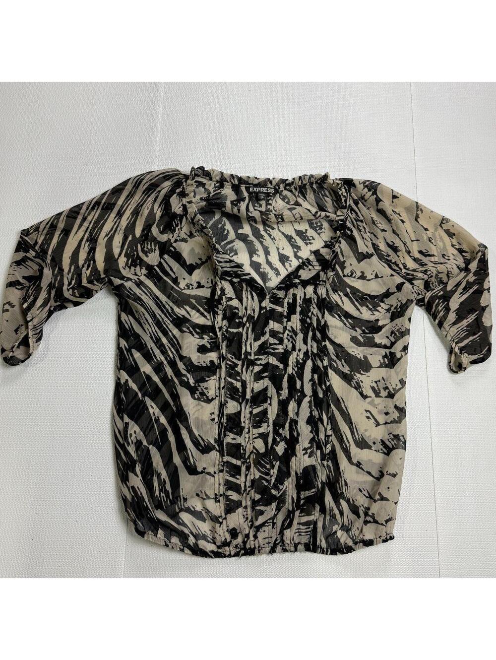 Express Black Cream Abstract Print Tie Neck Blouse - S